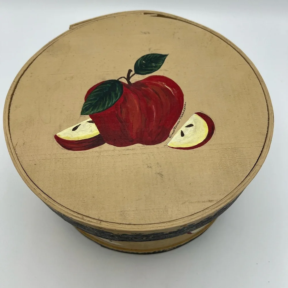 QUALITY VINTAGE Wood Round Cheese Box Folk Art Primitive HAND PAINTED Signed